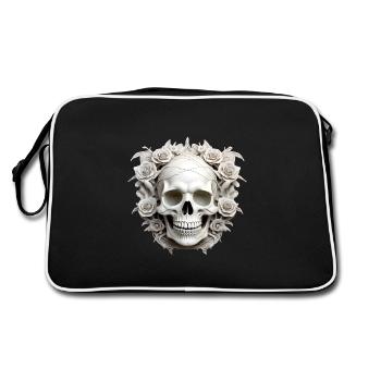 Dunkle Gothic Totenkopf Rosen Kunst Grafik Mode - Retro Tasche - Schwarz/Weiß - Hinten