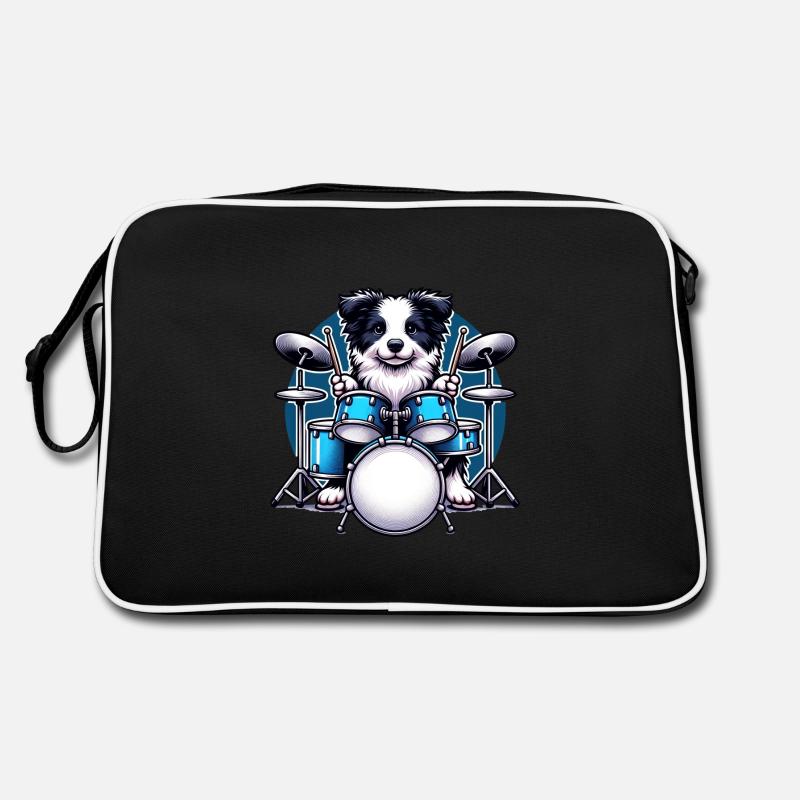 Cooler Border Collie Drummer Design - Retro Tasche - Schwarz/Weiß