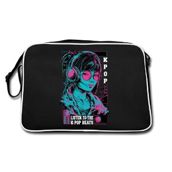 K-Pop Korea Popmusik Mädchen Kopfhörer Neon Pink - Retro Tasche - Schwarz/Weiß - Hinten