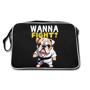 Wanna Fight? Bulldogge Karate Anzug Geschenkidee - Retro Tasche - Schwarz/Weiß - Hinten