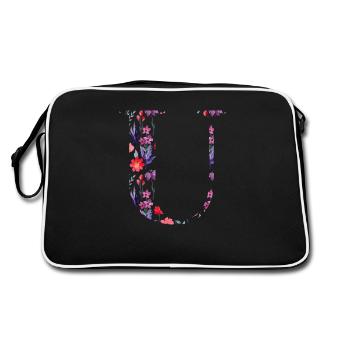 Blumen personalisierter U-Brief - Geschenkidee - Retro Tasche - Schwarz/Weiß - Hinten
