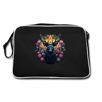 Hirsch Krafttier & Blumen, Trachtenshirt Dorffest - Retro Tasche - Schwarz/Weiß - Hinten