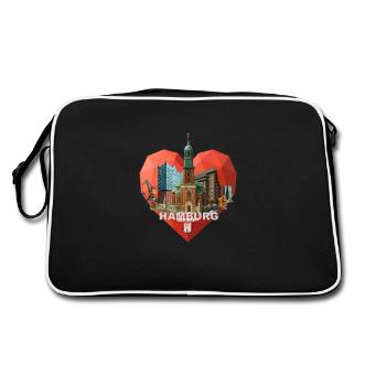 Herz für Hamburg – Low-Poly Skyline Collagen Shirt - Retro Tasche - Schwarz/Weiß - Hinten