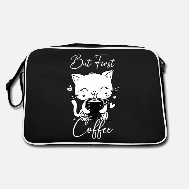 Katze Kaffee But First Coffee Morgenmuffel Lustig - Retro Tasche - Schwarz/Weiß