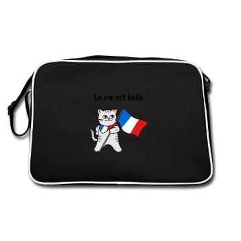 Frankreich katze Geschenk lustig urlaub - Retro Tasche - Schwarz/Weiß - Hinten