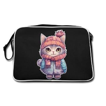 Katze im Schnee mit Mütze, Jacke und Schal - Retro Tasche - Schwarz/Weiß - Hinten