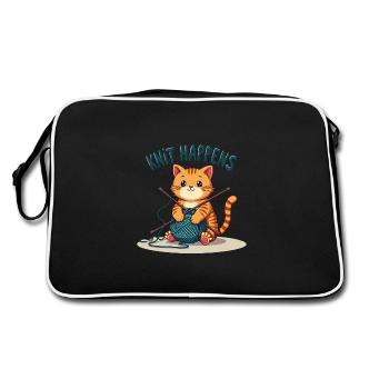 Knit Happens - Knitting Red Cat with Yarn - Retro Bag - black/white - Back
