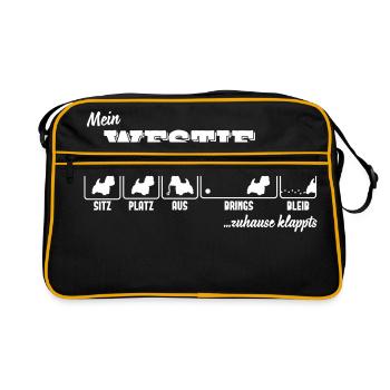 Mein Westie - zuhause klappts - Retro Tasche - Schwarz/Gold - Vorne