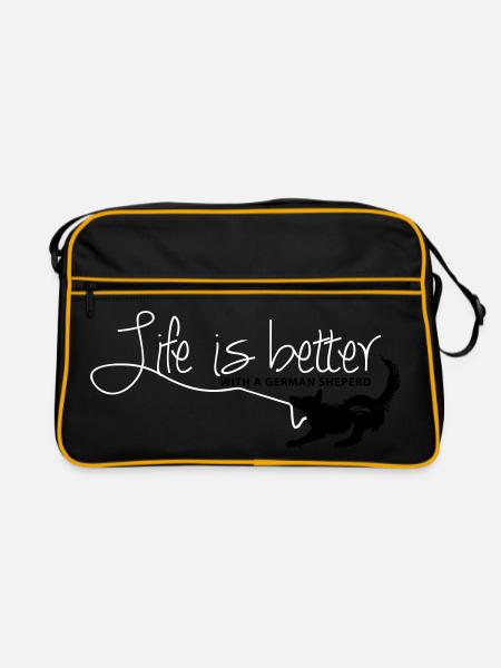 Life is better with a german sheperd! - Retro Tasche - Schwarz/Gold - Vorne
