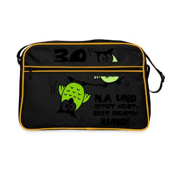 30 anniversaire, hibou sur le câble, rond - Sac Retro - noir/or - Devant