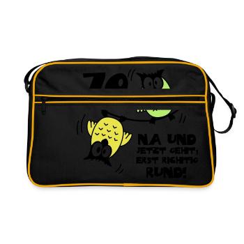 70 anniversaire, hiboux sur le câble, rond - Sac Retro - noir/or - Devant
