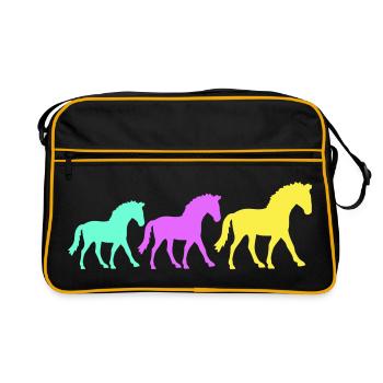 3 Pferde Silhouette Team Reiter reiten Freunde süß - Retro Tasche - Schwarz/Gold - Vorne