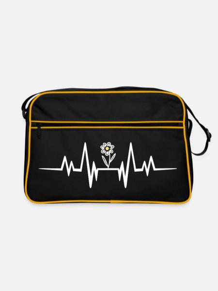 Herzschlag und Blume - Retro Tasche - Schwarz/Gold
