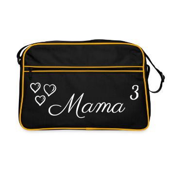 Mama mit Herzen – Mama hoch 3 - Dreifachmama - Retro Tasche - Schwarz/Gold - Vorne