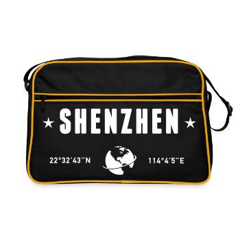 Shenzhen : Chine : Coordonnées : planète Terre blanche - Sac Retro - noir/or - Devant