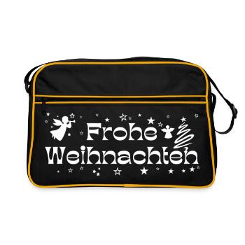 Frohe Weihnachten weiß Sterne Engel Christbaum - Retro Tasche - Schwarz/Gold - Vorne