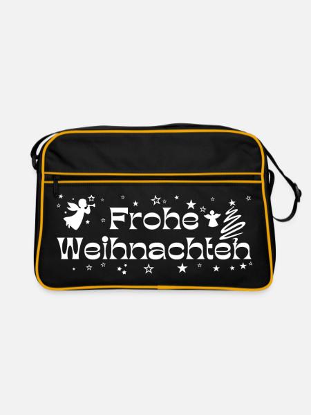 Frohe Weihnachten weiß Sterne Engel Christbaum - Retro Tasche - Schwarz/Gold - Vorne