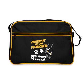 Vorsicht vor dem Frauchen - der Hund ist harmlos - Retro Tasche - Schwarz/Gold - Vorne