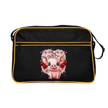 Pig, Cherries, Cherry, Piglet, Cherry Blossom - Retro Bag - black/gold - Front