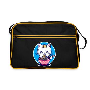 Niedliche Katze isst Ramen - Anime - Manga - Retro Tasche - Schwarz/Gold - Vorne