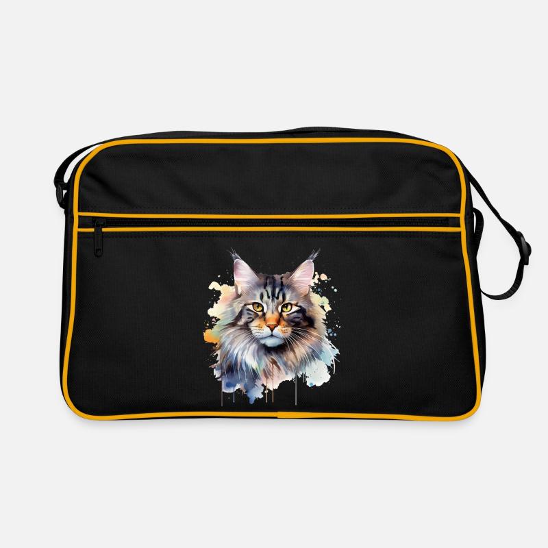 Katze Wasserfarben Maincoon - Retro Tasche - Schwarz/Gold