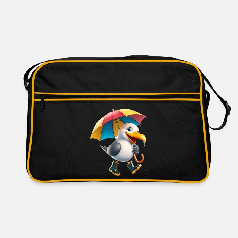Verspielter Möwen-Charakter mit Regenschirm - Retro Tasche - Schwarz/Gold