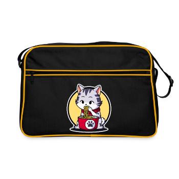 Niedliche Katze isst Ramen - Anime - Manga - Retro Tasche - Schwarz/Gold - Vorne