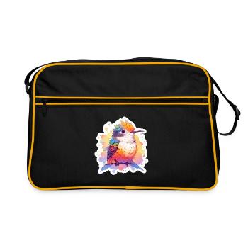 Süßer Bunter Vogel Natur Detailreich Shirt - Retro Tasche - Schwarz/Gold - Vorne