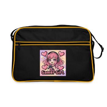 Pixel Art Gamer Mädchen Illustration - Retro Tasche - Schwarz/Gold - Vorne