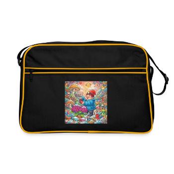 Garden gnome watering hydrangea in the snow - Retro Bag - black/gold - Front