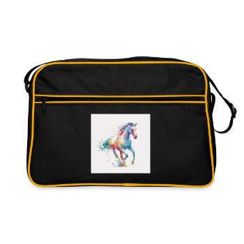 Regenbogenpferd Aquarell-Burst - Retro Tasche - Schwarz/Gold - Vorne