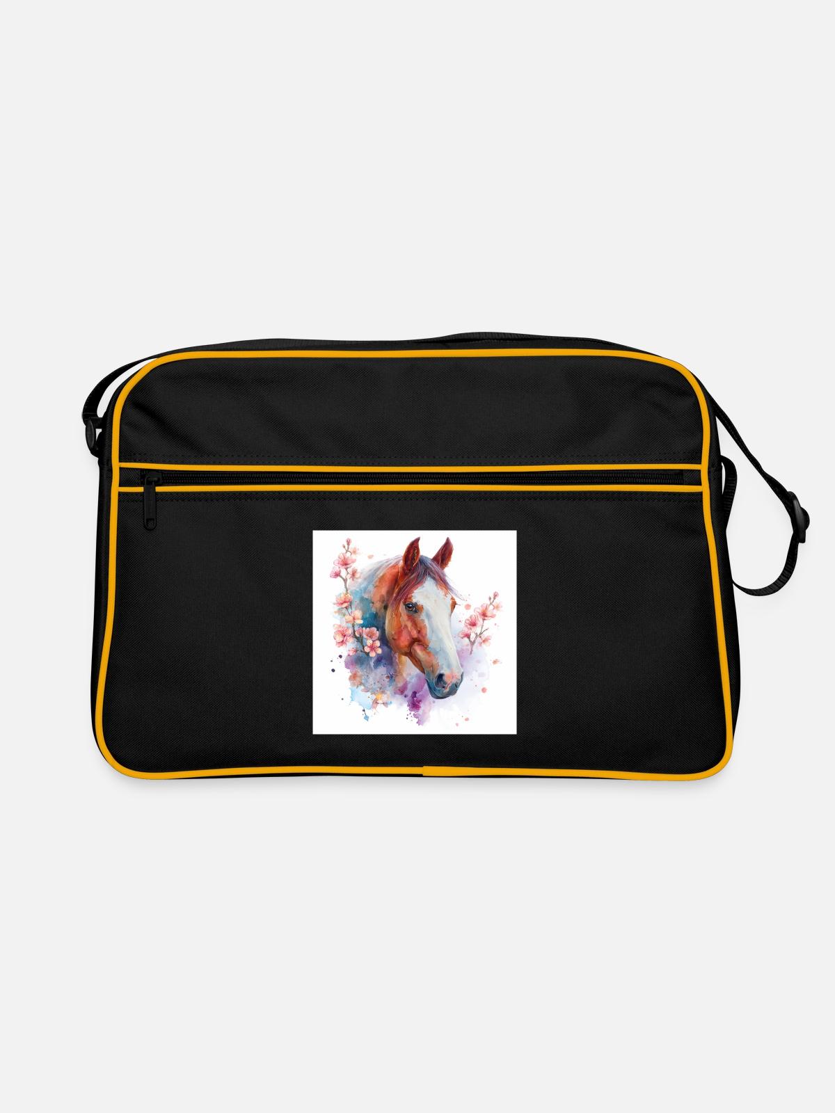 Aquarelle Cheval et Fleurs - Sac Retro - noir/or - Devant
