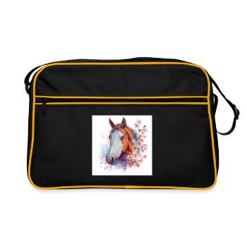 Watercolor Horse and Cherry Blossoms - Retro Bag - black/gold - Front