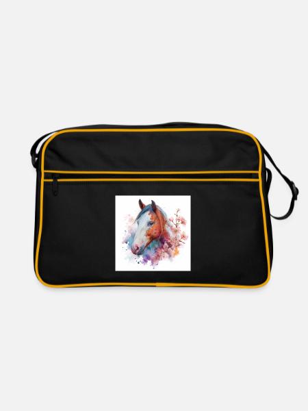 Aquarell Pferdeblüten-Porträt - Retro Tasche - Schwarz/Gold - Vorne