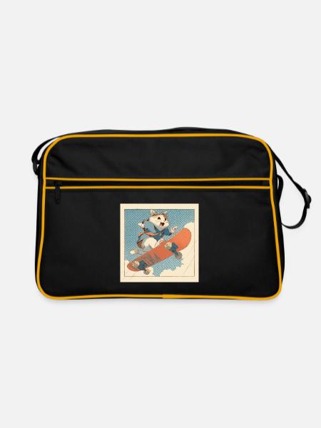 Retro Cat Skateboarder in Flight - Retro Bag - black/gold - Front