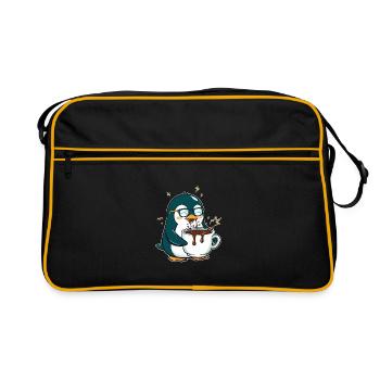 Koffein-Pinguin: Eiskalt & Hochgefahren - Retro Tasche - Schwarz/Gold - Vorne