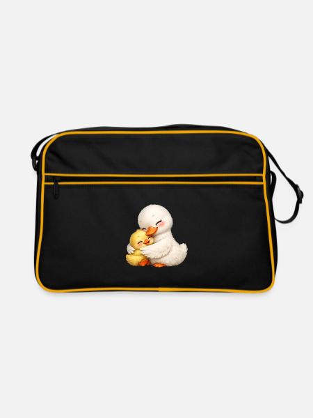 Mutter-Ente kuschelt mit ihrem Baby - Retro Tasche - Schwarz/Gold - Vorne