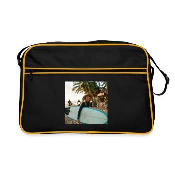 Strandsurferin mit Surfbrett - Retro Tasche - Schwarz/Gold - Vorne