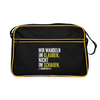 Wir wandeln im Glauben – 2. Korinther 5,7 - Retro Tasche - Schwarz/Gold - Vorne
