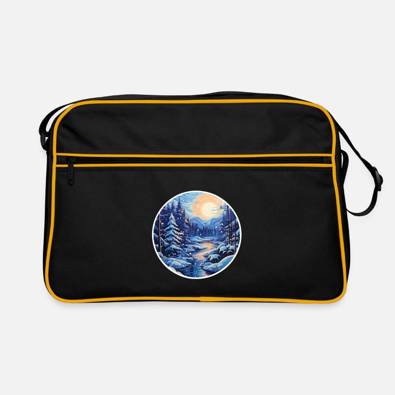 Winterlandschaft Wald mit Fluß - Retro Tasche - Schwarz/Gold