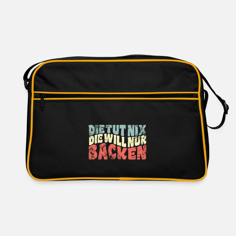 Die tut nix, die will nur backen - Spruch - Retro Tasche - Schwarz/Gold