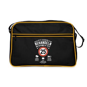 Oldtimer schonend behandeln - 25. Geburtstag - Retro Tasche - Schwarz/Gold - Vorne