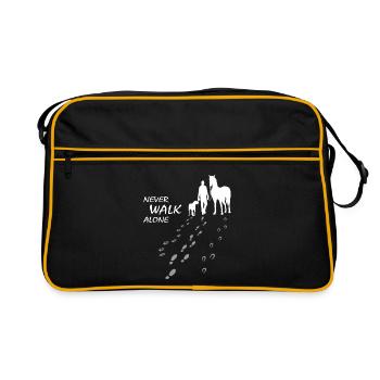 Never walk alone - Hund Pferd Reiter, Backprint - Retro Tasche - Schwarz/Gold - Vorne