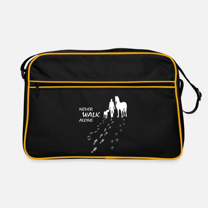Never walk alone - Hund Pferd Reiter, Backprint - Retro Tasche - Schwarz/Gold