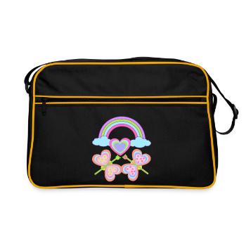 Regenbogen Kind Kinder Baby Schmetterlinge Herz - Retro Tasche - Schwarz/Gold - Vorne