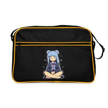 Illustration de fille aux cheveux bleus kawaii - Sac Retro - noir/or - Devant