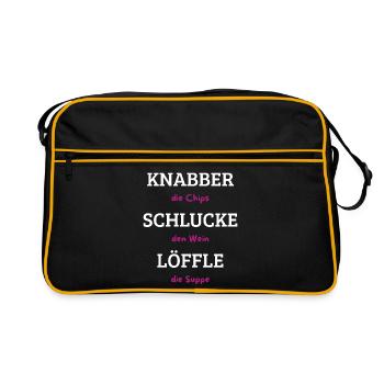 Knabber Chips, Schluck Wein, Löffle Suppe - Retro Tasche - Schwarz/Gold - Vorne