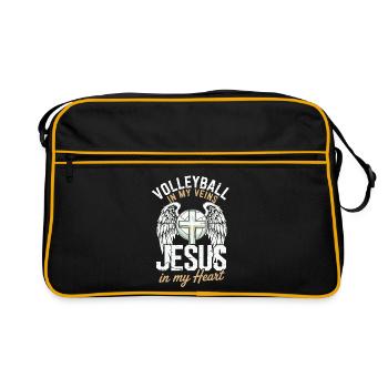 Volleyball & Jesus – Kreuz mit Flügeln Design - Retro Tasche - Schwarz/Gold - Vorne