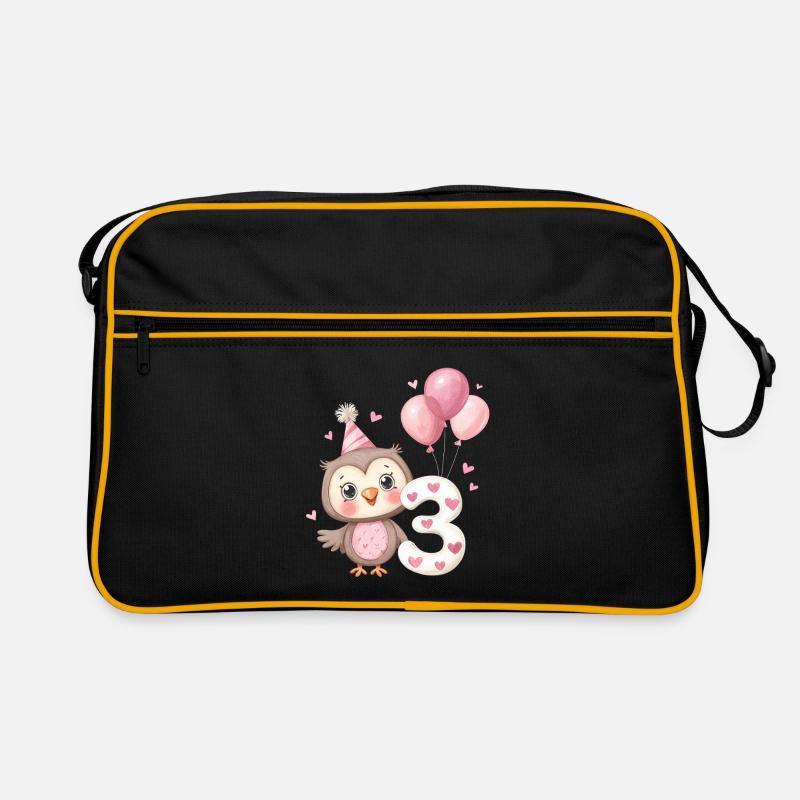Eule zum dritten Geburtstag mit Luftballons - Retro Tasche - Schwarz/Gold
