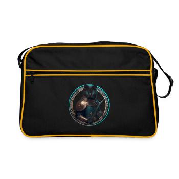 schwarze Ritter Katze mit Rüstung und Schwert - Retro Tasche - Schwarz/Gold - Vorne